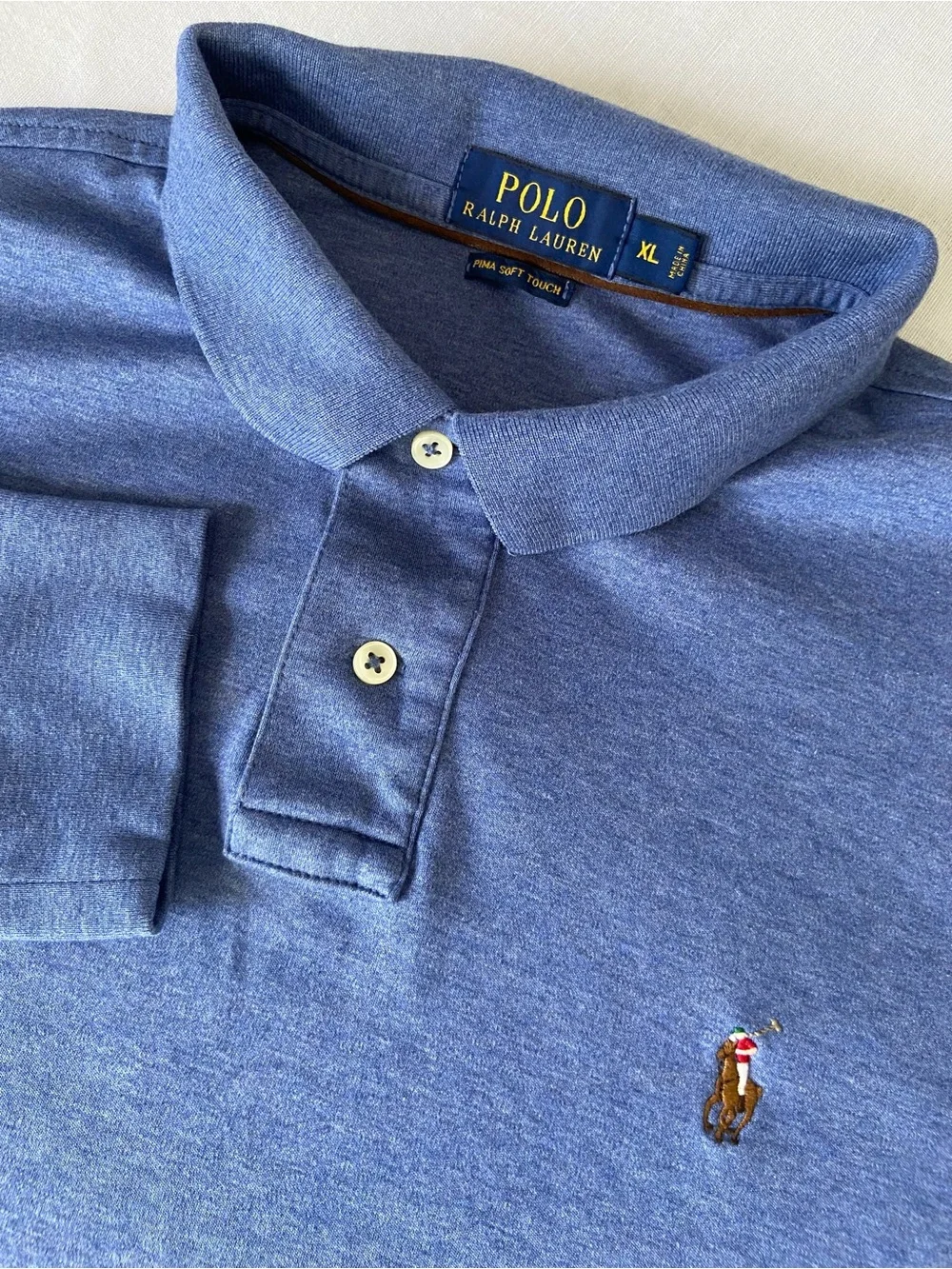 Ralph Lauren Men’s Heathered Blue Long-Sleeved Polo Shirt with Embroidered Pony